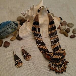 Bohemian Wood Beaded Statement Long Chunky Necklace In Brown Black And Cream OS